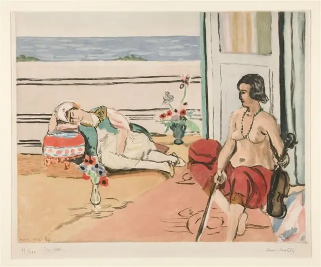 An artwork of two women in a room with open doors looking out over the sea. One lounges in a dress on a cushion and another sits, unclothed on her upper body, holding a violin.