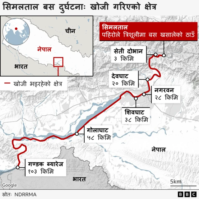 सिमलताल बस दुर्घटनास्थल र खोजी गरिएको क्षेत्रको नक्सा