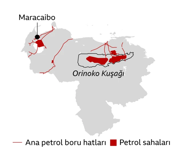 Venezuela haritasında petrol kaynakları ve boru hatları