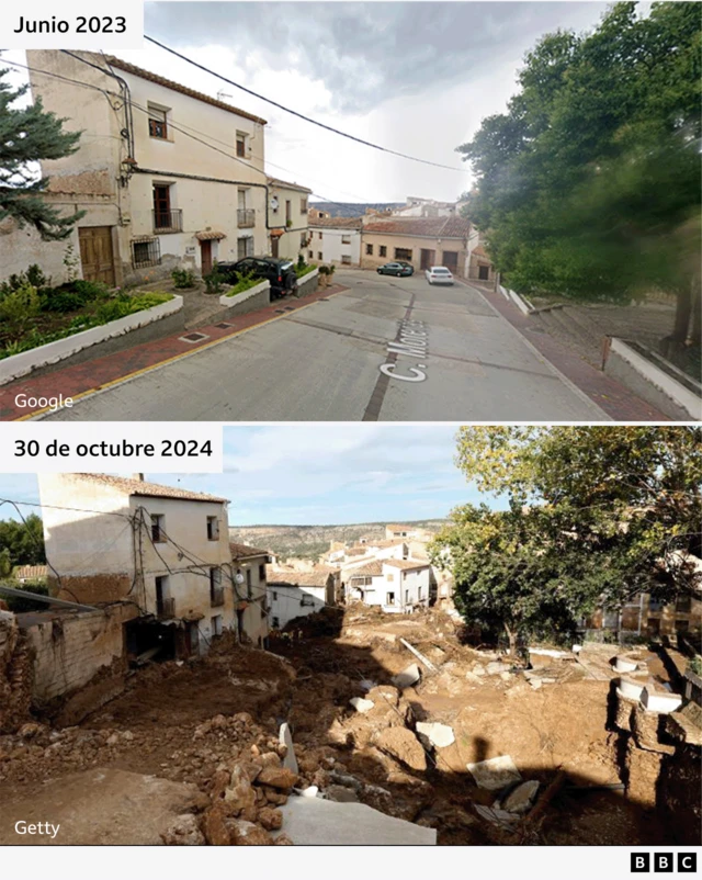 Una imagen comparativa que muestra una calle residencial en mayo de 2024 y la misma calle el 30 de octubre de 2024 destruida por inundaciones, cubierta de barro y rocas.