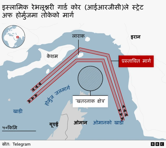 होर्मुज जलमार्गमा दुई लेनको सामुद्रिक मार्ग देखाउने नक्सा - एउटा मार्ग पूर्वतर्फ जानको निम्ति र अर्को मार्ग पश्चिम तर्फ जानको निम्ति