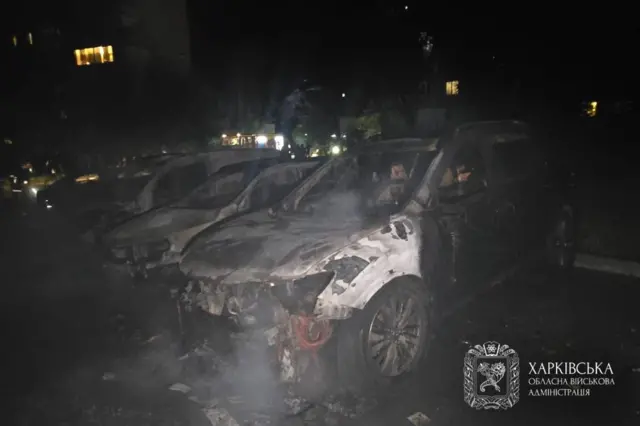 Нічна сцена у дворі: кілька припаркованих автомобілів сильно обгоріли — кузови почорнілі, частини передків вигоріли, місцями ще піднімається дим. Машини стоять поруч одна з одною на парковці біля житлових будинків, у деяких вікнах видно світло. 