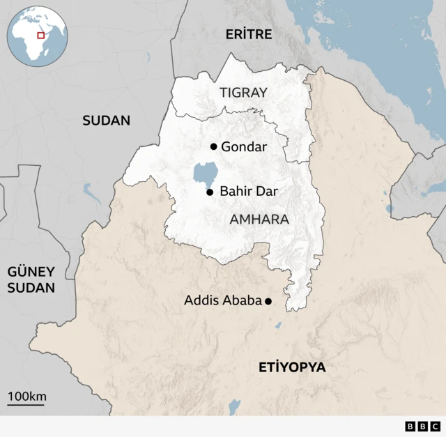 Kuzeybatı Etiyopya'daki Amhara'nın konumunu gösteren harita. Tigray bölgesi Amhara'nın kuzeyinde yer almaktadır. Etiyopya'nın komşuları Eritre (kuzeyde), Sudan ve Güney Sudan (batıda) da gösterilmektedir.