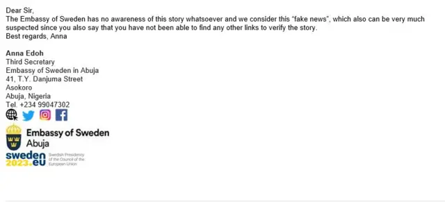 Capture d'écran d'un courriel de l'ambassade de Suède au Nigeria