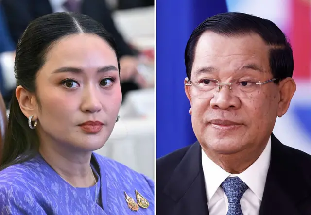 ကမ္ဘောဒီးယားဝန်ကြီးချုပ်ဟောင်း ဟွန်ဆန်နဲ့ ထိုင်းဝန်ကြီးချုပ် ပေထုန်တန်တို့ နှစ်ဦးကို ယှဉ်ပြထားတဲ့ ပေါင်းစပ် ဓာတ်ပုံ