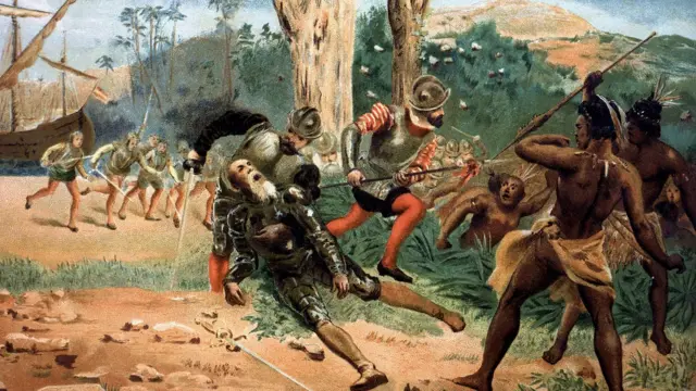 Litografia do século 19 retrata a morte de Magalhães na Batalha de Mactan