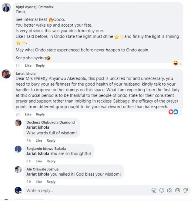 Aworan esi tawọn araalu fọ si ọrọ Betty Akeredolu ni Facebook