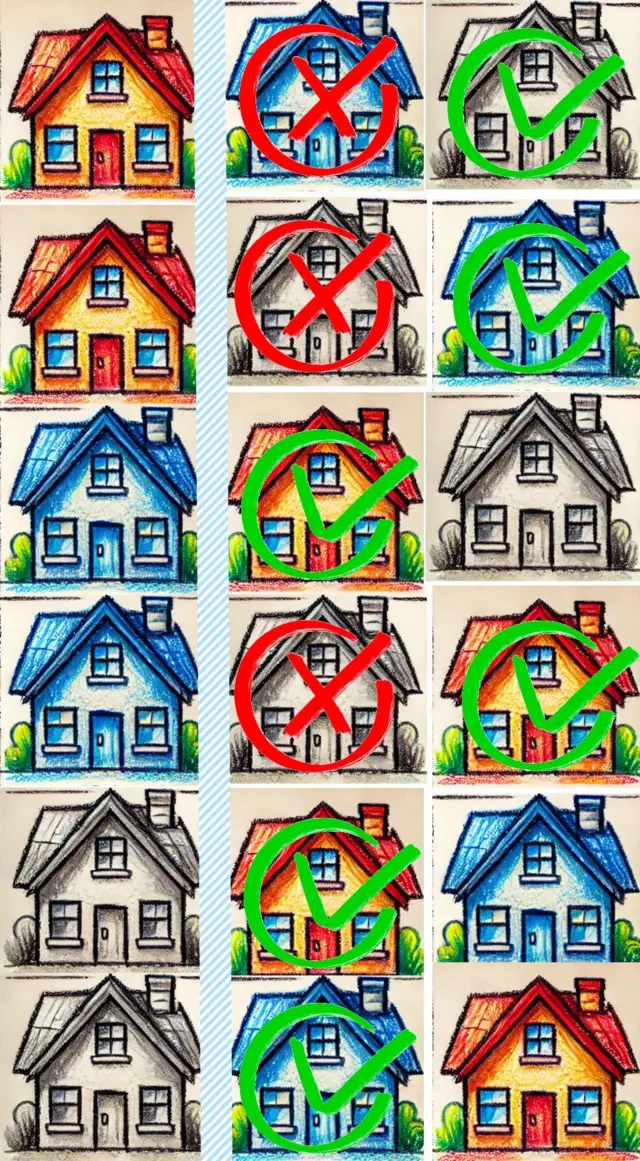 Illustration montrant toutes les possibilités de commande pour que vous ayez les trois maisons, et indiquant les achats