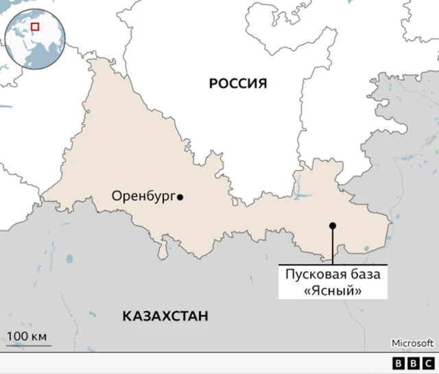 Карта юга России и севера Казахстана с отмеченной на ней точкой пусковой базы «Ясный»