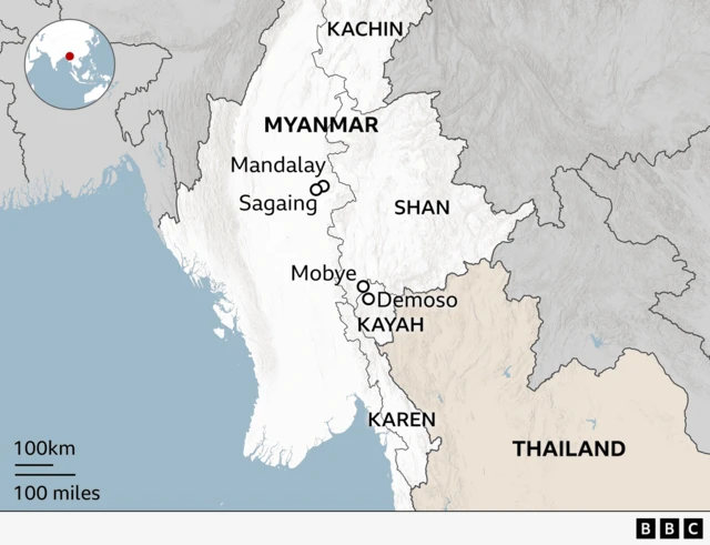 A map of Myanmar showing the various states where fighting is under way. 