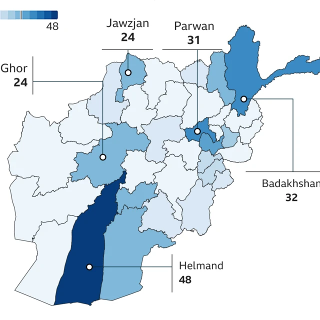 कोणत्या प्रांतात सर्वाधिक शिक्षा ठोठावण्यात आल्या आहेत, याचा नकाशा