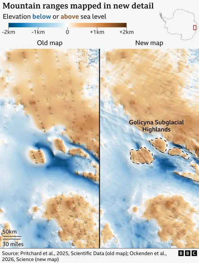 Sebuah perbandingan visual melalui peta berdampingan (side-by-side) menunjukkan perbedaan signifikan antara peta lama dan peta terbaru mengenai ketinggian daratan di bawah es pada area yang diperbesar di Antarktika Timur.