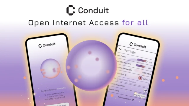 تصویرسازی؛ دو صفحه موبایل و یک دایره بین آنها و شعار تبلیغاتی کاندوئیت که می‌گوید: دسترسی به اینترنت آزاد برای همه