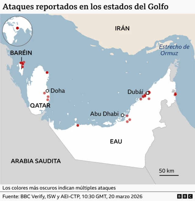 Un mapa muesta los países del Golfo atacados por Irán.