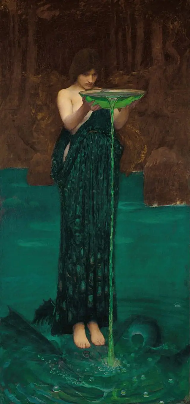Óleo "Circe Invidiosa" (1892), de John William Waterhouse, artista inglés (1849 - 1917). Una esbelta figura de pelo castaño largo, vestida con un manto verde esmeralda,  sostiene un platón transparente con un líquido verde que deja vertir sobre una corriente igualmente verde. 