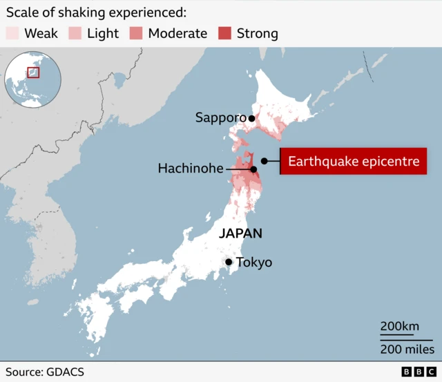 A map of Japan shows where an earthquake occurred.