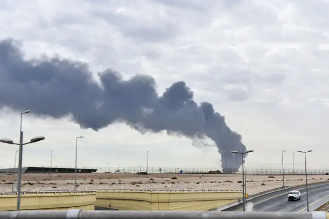 Smoke rises after Iranian-sourced unmanned aerial vehicle (UAV) carried out an attack on a fuel depot at Kuwait International Airport in Kuwait City, Kuwait on March 25, 2026. (Photo by Stringer/Anadolu via Getty Images)