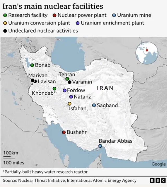 A map of Iran's main nuclear facilities