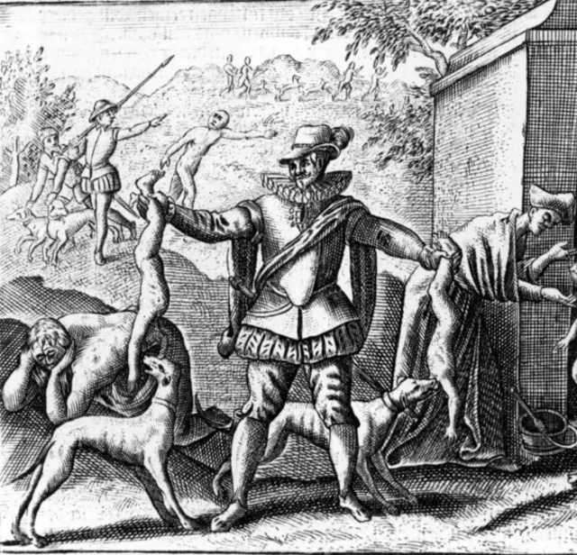 பூர்வீக மக்களை தண்டிக்க நாய்களைப் பயன்படுத்துவதை உள்ளடக்கிய படங்களை சில கலைஞர்கள் உருவாக்கினர்.