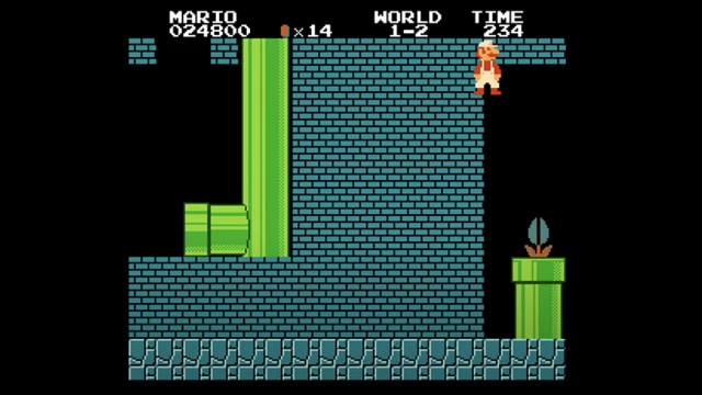 Cena do jogo Super Mario Bros, com o personagem Mario deslizando pela parede que dá acesso ao 'Minus World'