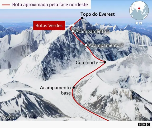 Um mapa do Google Earth mostrando a face norte do Everest, com a rota de subida delineada em vermelho e marcadores indicando vários acampamentos e a localização do Green Boots, próximo ao cume.