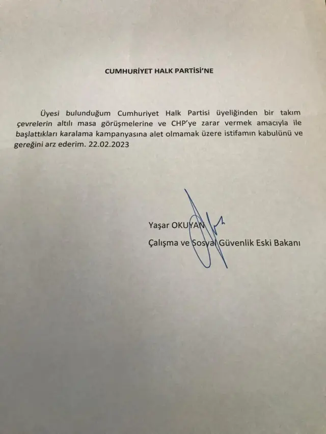 Yaşar Okuyan imzaladığı istifasını da kamuoyu ile paylaştı
