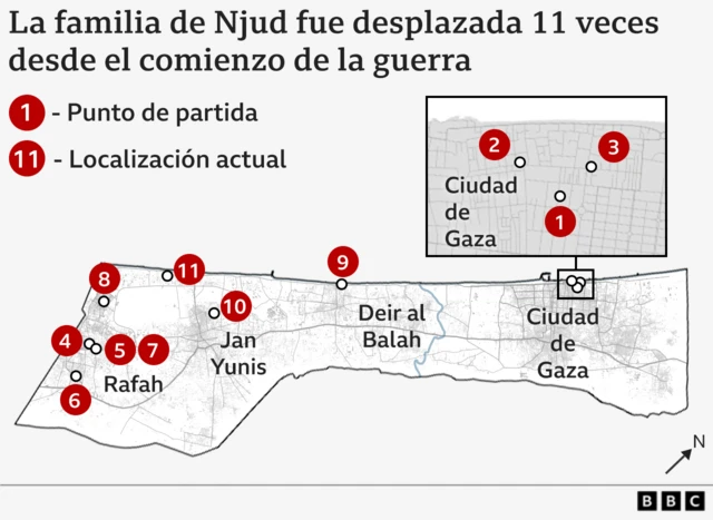 Infográfico que muestra que la familia de Njud se tuvo que desplazar 11 veces.