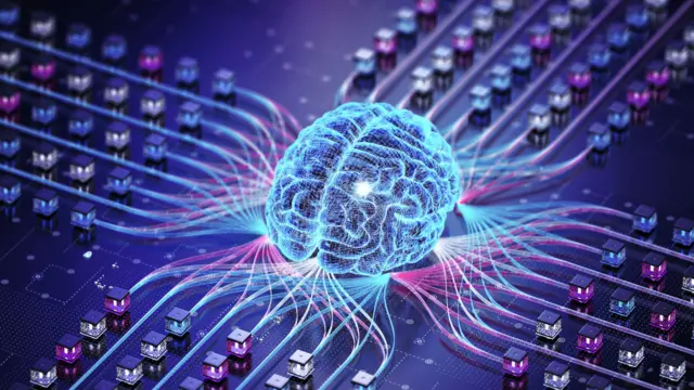 Ilustração mostra cérebro humano no lugar de um chip, com luzes conectando aos demais componentes de um circuito eletrônico