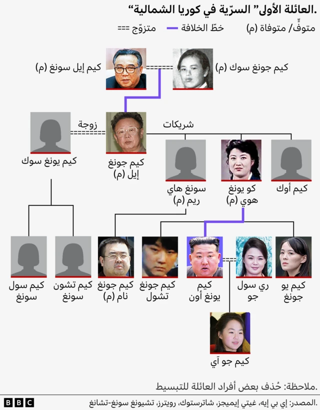 رسم بياني يوضح أربعة أجيال من العائلة الحاكمة في كوريا الشمالية. يظهر مؤسس الدولة كيم إيل سونغ وزوجته كيم جونغ سوك في الأعلى، بينما يرد كيم جونغ إيل وزوجته كيم يونغ سوك ورفيقاته سونغ هاي ريم وكو يونغ هوي وكيم أوك في المستوى الثاني. ويعرض المستوى الثالث أبناء كيم جونغ إيل من شريكاته الأربع، ومن بينهم كيم سول سونغ، وكيم تشون سونغ، وكيم جونغ نام، وكيم جونغ تشول، وكيم جونغ أون، وكيم يو جونغ. وتظهر إلى جانب كيم جونغ أون زوجته ري سول جو. أما ابنته جو آي فترد في أسفل الرسم. وقد حُذف بعض أفراد العائلة للتبسيط.