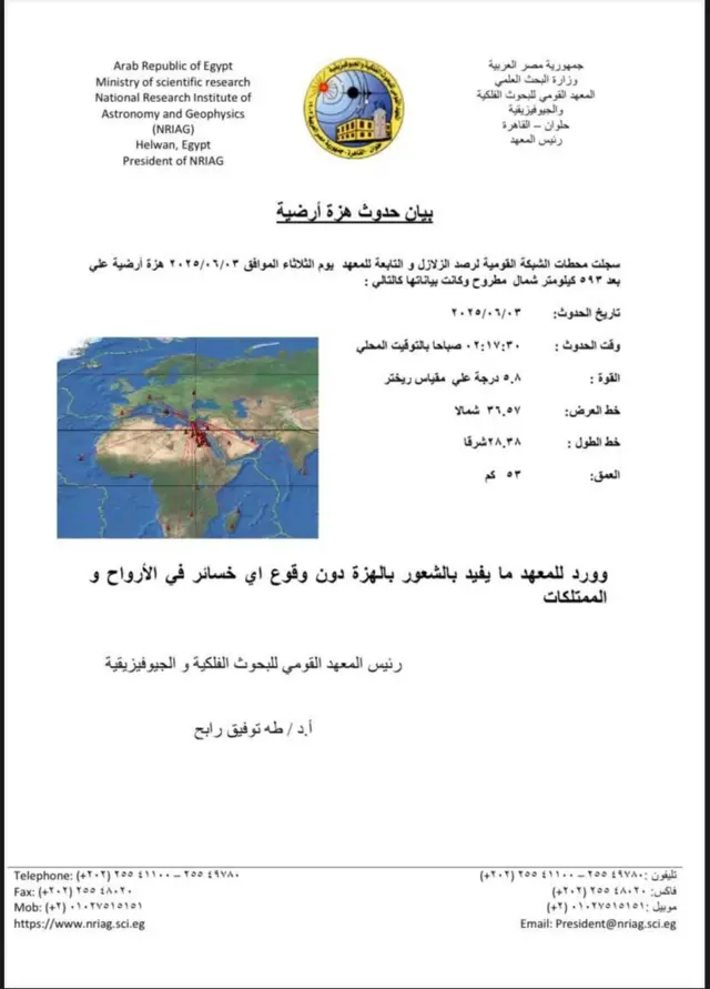 بيان المعهد القومي للبحوث الفلكية والجيوفيزيقية