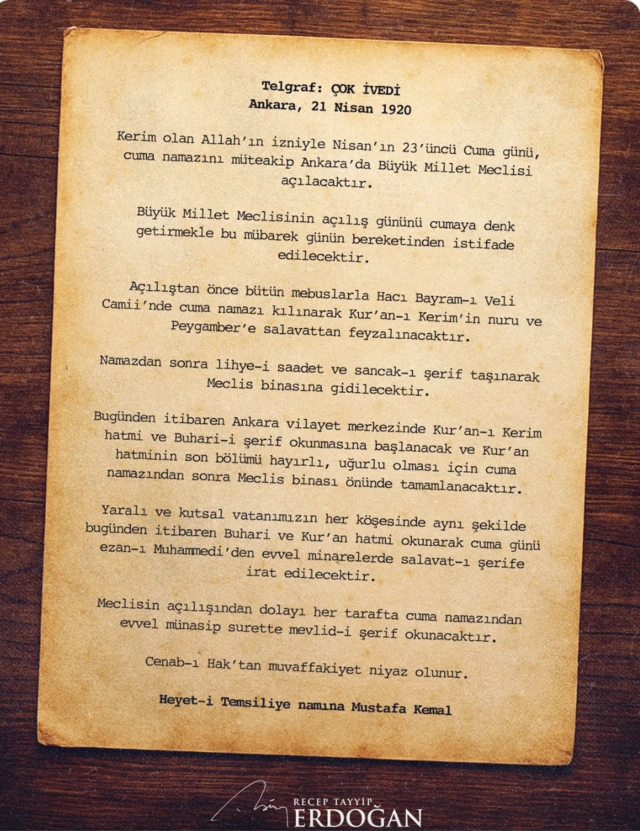Cumhurbaşkanı Erdoğan'ın X hesabından paylaştığı Mustafa Kemal imzalı telgrafta TBMM'nin açılışı öncesi bazı dini ritüeller sıralanıyor.