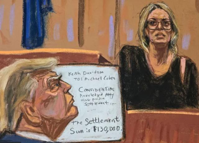 Dibujo del momento en el que Stormy Daniel presta declaración en el juicio contra Donald Trump el 7 de mayo de 2024.