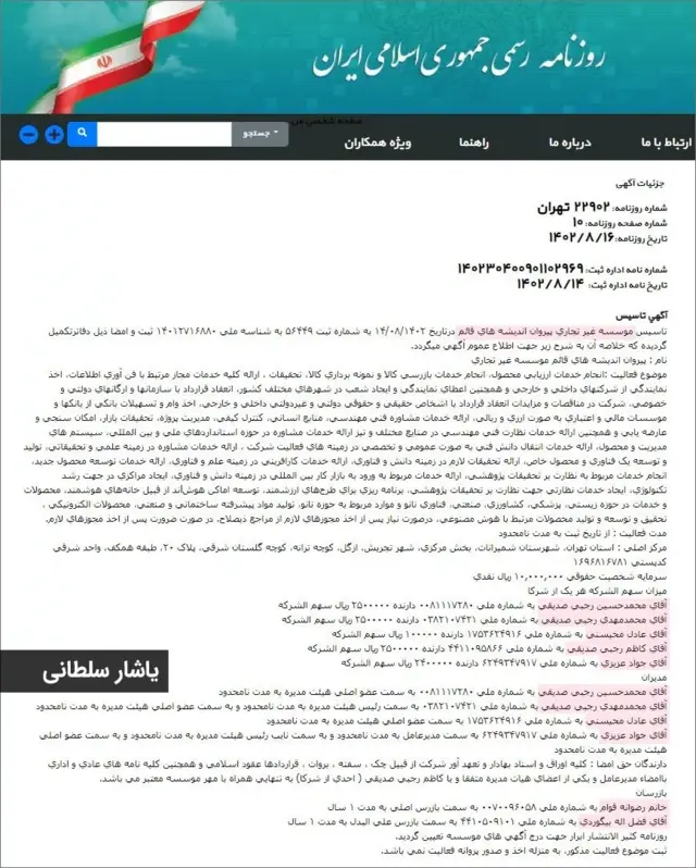 مشخصات ثبت شرکت پیروان اندیشه‌های قائم در روزنامه رسمی 