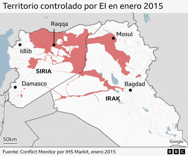 Mapa de Irak que muestra territorios controlados por EI en enero de 2015