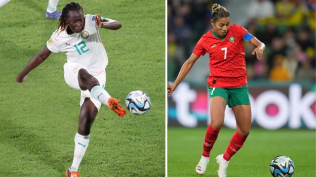 Senegal women player wear white jersey, she kick di ball. Morroco nunber 7 jersey about to pass di ball