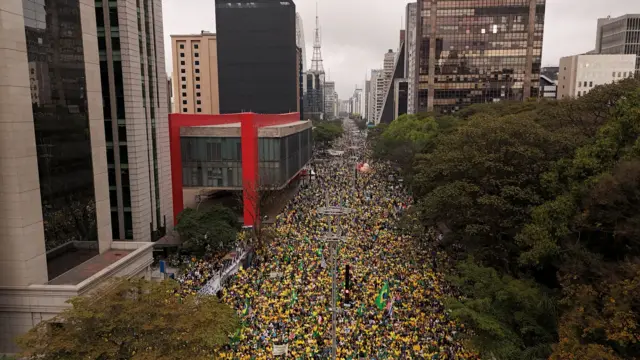 Avenida Paulista com manifestantes, vista aérea