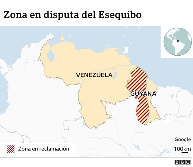 mapa de Venezuela con la zona en reclamación del Esequibo