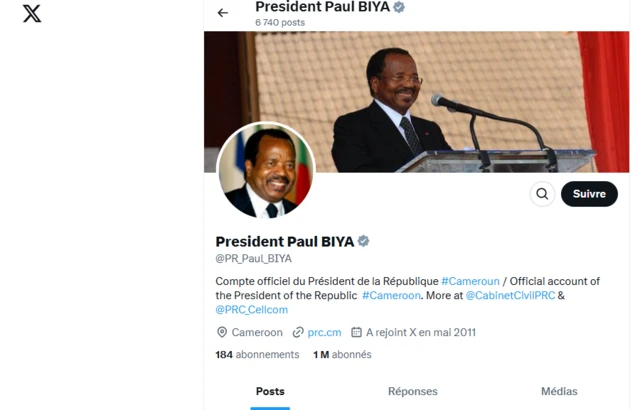 Capture d'écran du compte X du président camerounais