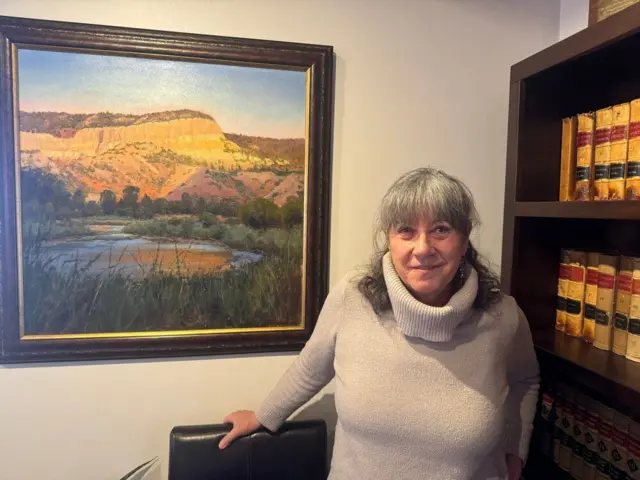 Uma mulher com um suéter cinza está em frente a uma pintura de paisagem