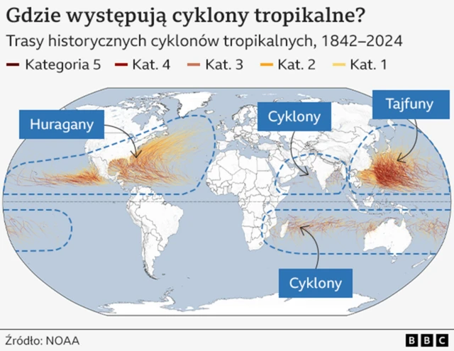 Grafika pokazująca, gdzie na świecie występowały tropikalne cyklony o różnej sile — ciemniejsze kolory oznaczają silniejsze burze. Linie przerywane grupują cyklony tropikalne i pokazują, jak ich lokalizacja wpływa na to, jak są nazywane.