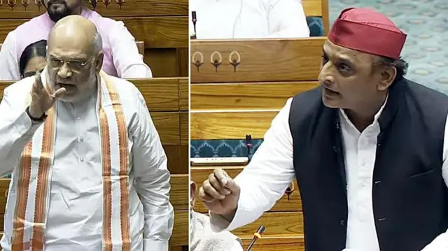 संसद में वक़्फ़ संशोधन बिल पर चर्चा में बोलते गृह मंत्री अमित शाह और सपा प्रमुख अखिलेश यादव