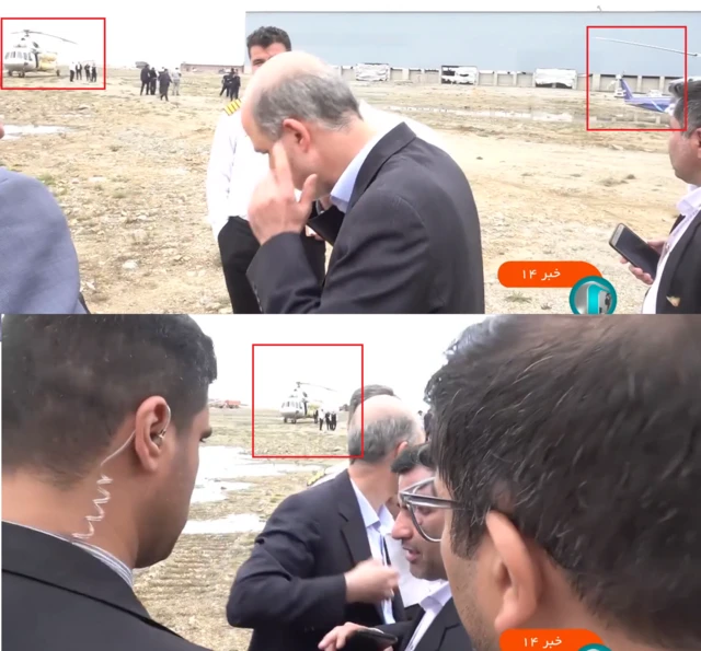 نمایی از مستند «روایت سانحه» که فرود دو هلی‌کوپتر همراه دیگر رئیس جمهور ایران در نزدیکی معدن سونگون را نشان می‌دهد 