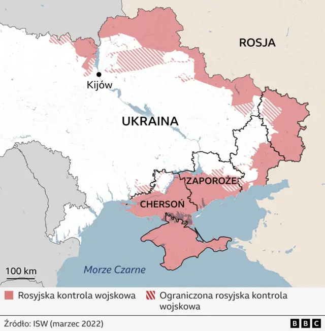 Mapa pokazująca kontrolę wojskową Rosji na terenie Ukrainy miesiąc po rozpoczęciu wojny w 2022 r. 