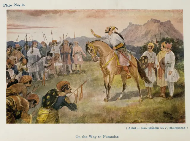 पुरंदर किल्याकडे जाताना शिवाजी महाराज, एम. व्ही. धुरंधर यांनी काढलेलं चित्र