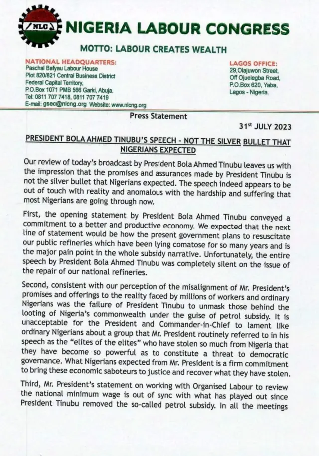 Aworan atẹjade ti NLC fi sita