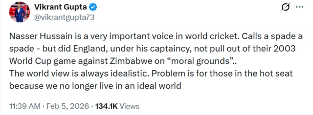 انڈیا میں کھیلوں کے صحافی وکرانت گپتا نے ناصر حسین سے اختلاف کیا ہے 