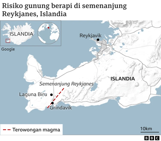 Peta yang menunjukkan risiko letusan gunung berapi di semenanjung Reykjanes, Islandia