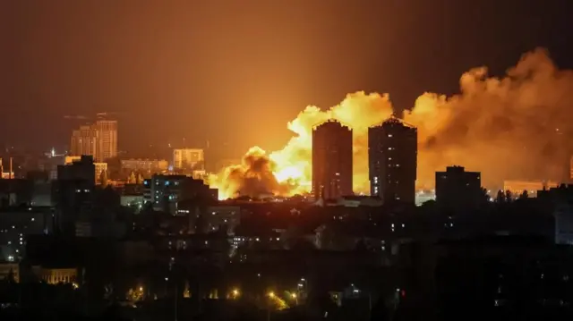 Fire and smoke seen in Ukraine's capital city of Kyiv after a Russian drone strike on 6 June 2025.