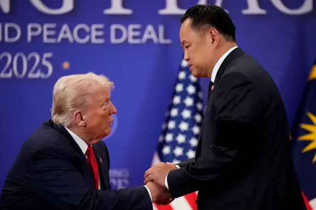 President Trump Meets With Asian Leaders In Kuala Lumpur, Malaysia
KUALA LUMPUR, MALAYSIA - OCTOBER 26: U.S. President Donald Trump and Thai Prime Minister Anutin Charnvirakul shake hands during the signing of a Cambodia-Thailand peace deal at Kuala Lumpur Convention Centre on October 26, 2025 in Kuala Lumpur, Malaysia. Trump is in Malaysia for the Association of Southeast Asian Nations (ASEAN) summit, and will next travel to Japan, en route to South Korea for the Asia-Pacific Economic Cooperation (APEC) forum. (Photo by Andrew Harnik/Getty Images)