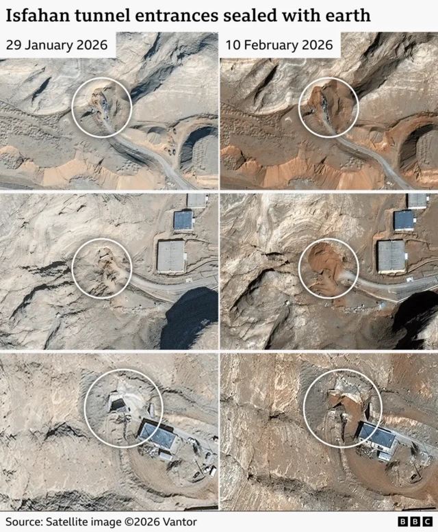 Satellite images from February show Isfahan tunnels sealed with earth